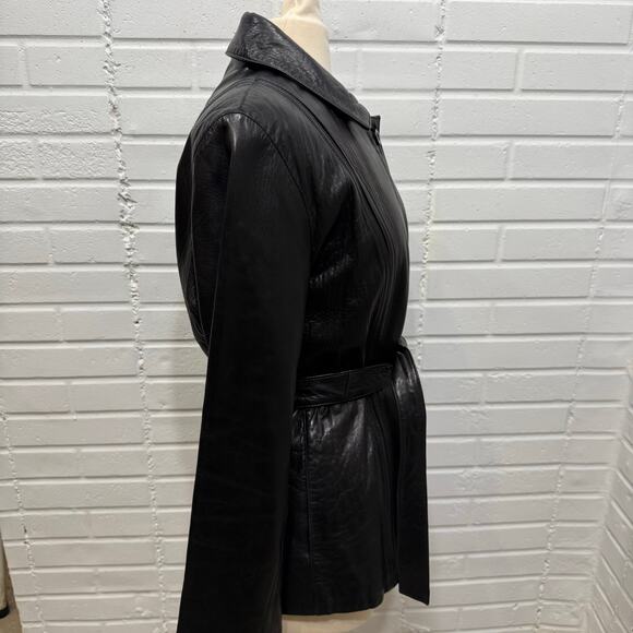 Vintage Jones New York Leather Jacket Black Belted Womens Lrg Classic Retro - Picture 2 of 13